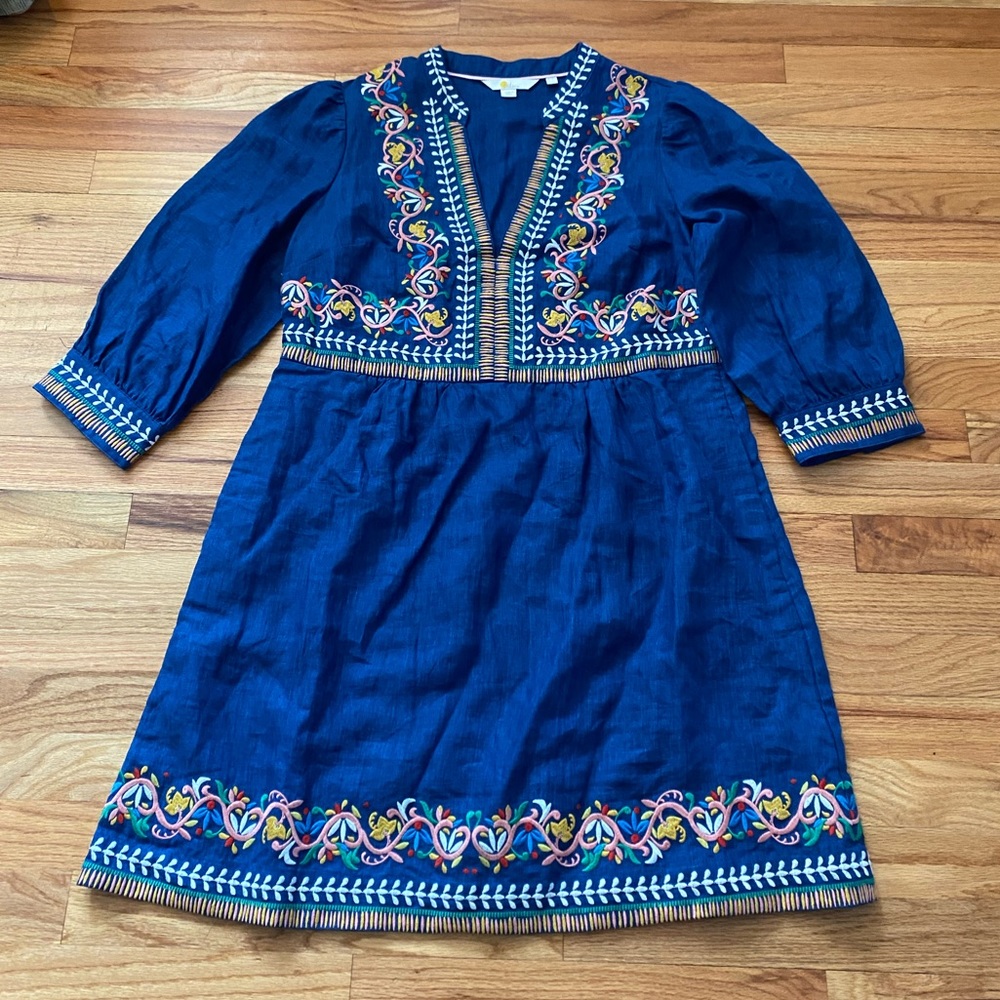 Boden 14 Petite Blue Multi Color V neck Embroidered Linen Dress. GORGEOUS